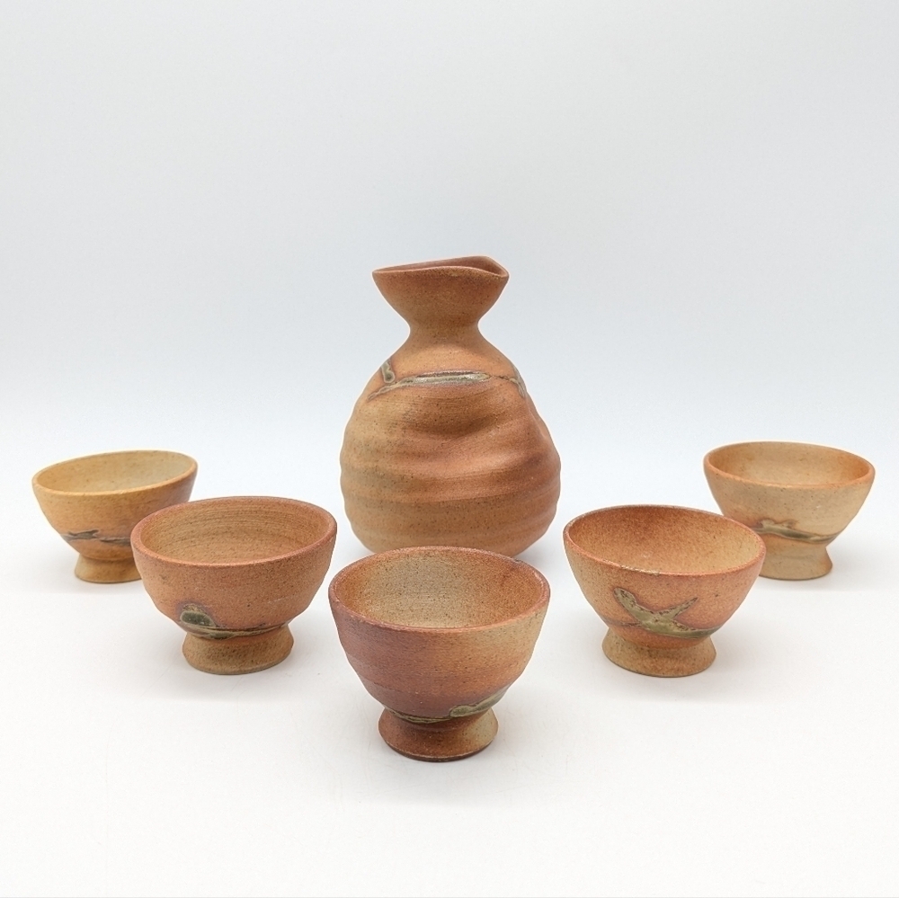 Japanese Hagi Sake tan brown ceramic earthenware six piece set